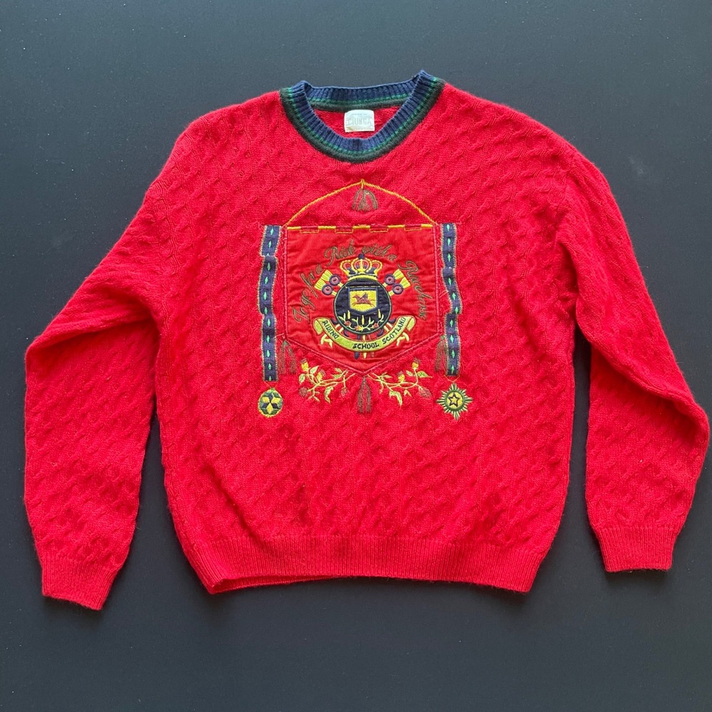 80s Ciunga Italy Sweater Kids Red Cable Knit Horse Riding School Scotland Crest